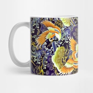 YELLOW ORANGE FLYING CRANES ,FLOWERS, SEA WAVES RED NAVY BLUE FLORAL Mug